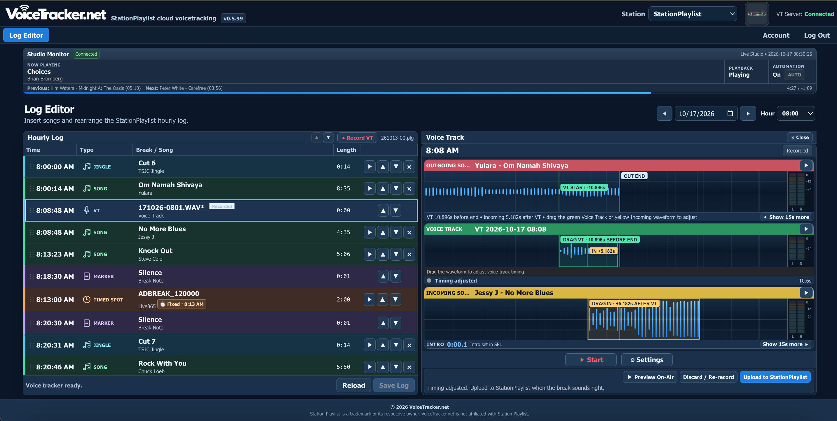 VoiceTracker.net dark log editor and voice track waveforms